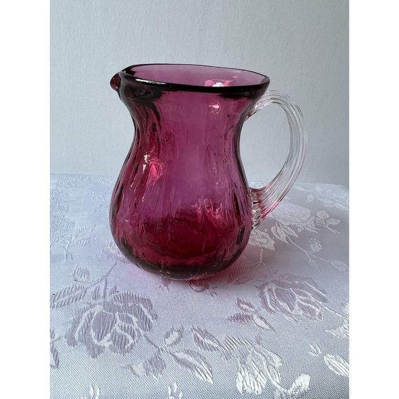 Vtg Pilgrim Cranberry Hand Blown Glass Applied Handle Creamer Pitcher - Picture 6 of 6